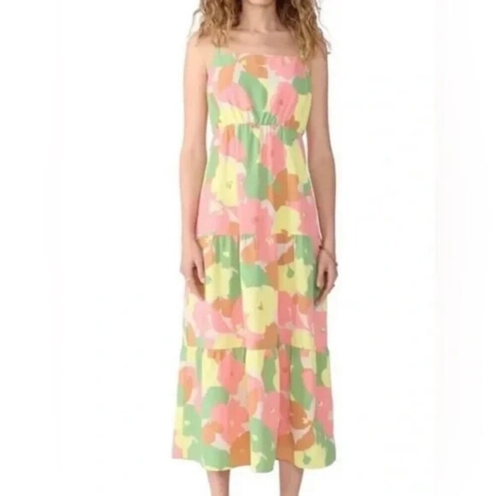 Social Standard SANCTUARY Smocked Midi Dress Large L‎ Fiesta Pastel Floral EUC